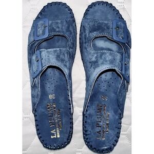 La Plume Women Navy Blue Suede Leather Double Buckle Slide Sandals Made in Italy